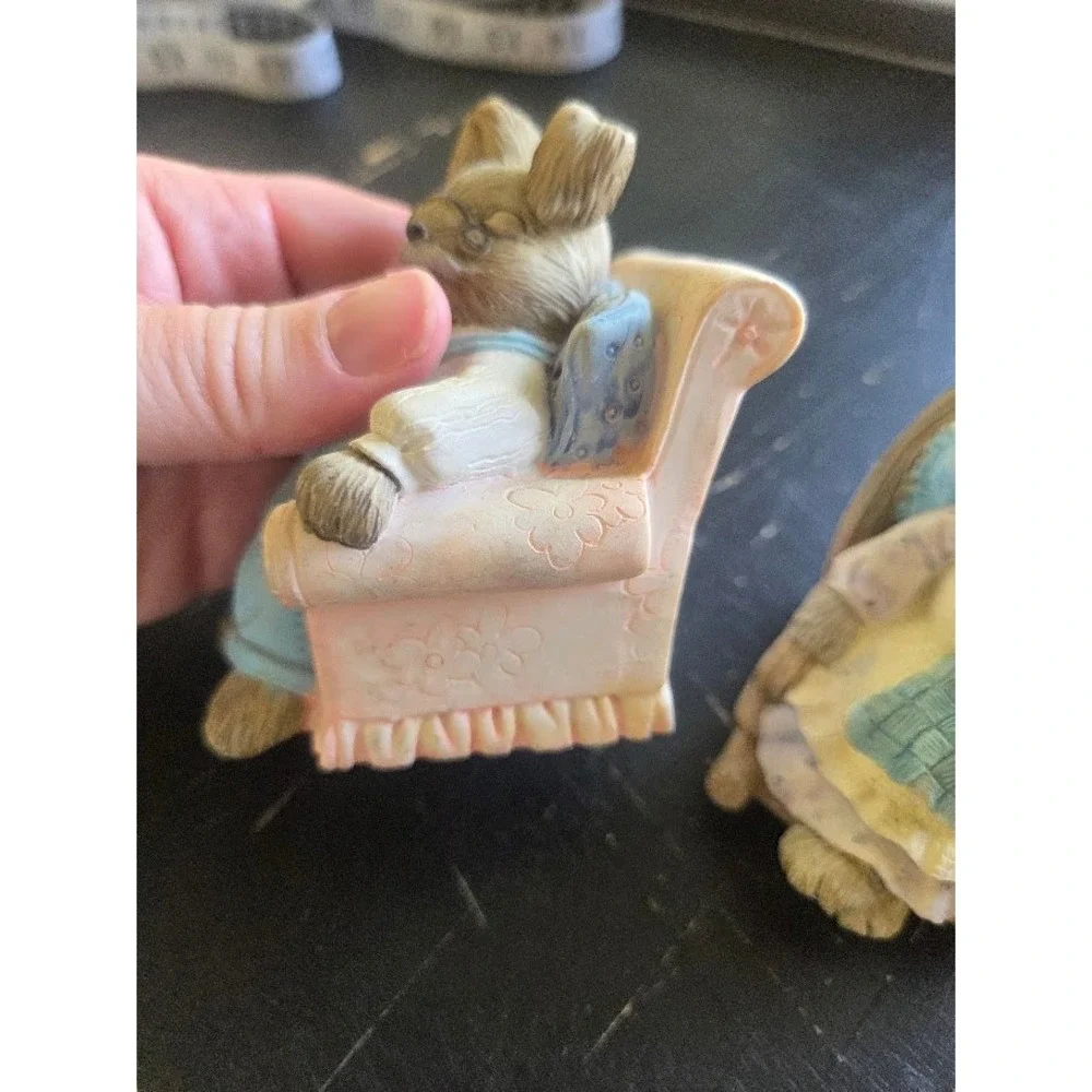 Vintage 1992 Mervyns Happy Easter Bunny Figurines Set of 2 Reading Rocking Chair